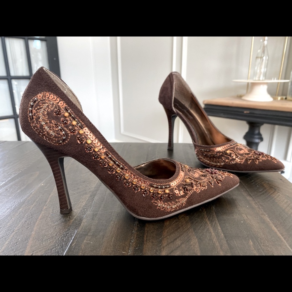 Brown suede sequin stilettos size 8